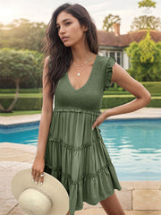 solid color v-neck ruffle dress