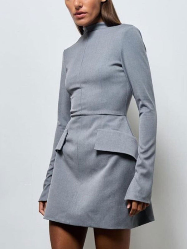 half-high collared slit pocket hip-hugging dress