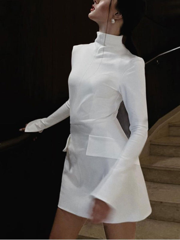 half-high collared slit pocket hip-hugging dress