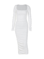 solid color long sleeve slim pleated dress