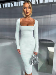 solid color long sleeve slim pleated dress