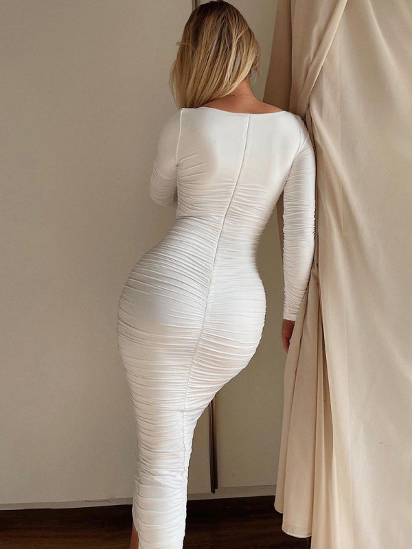 solid color long sleeve slim pleated dress