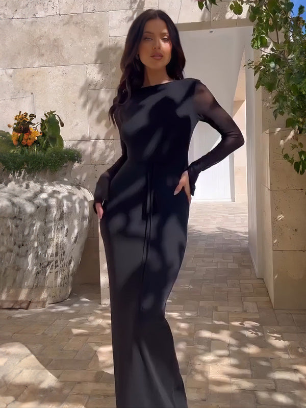 style hollow mesh long sleeves and deep V neck with dress
