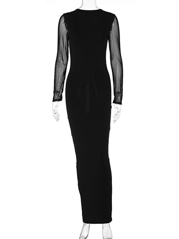 style hollow mesh long sleeves and deep V neck with dress