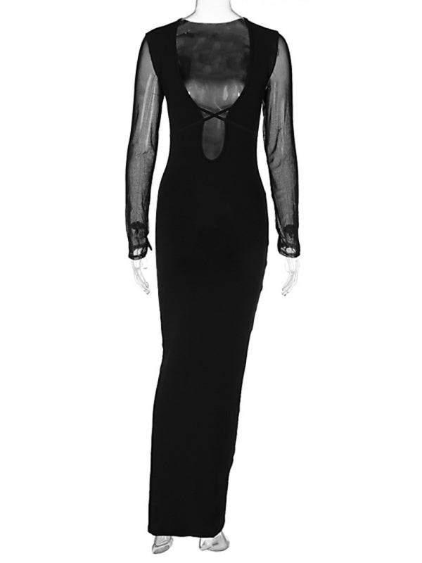 style hollow mesh long sleeves and deep V neck with dress
