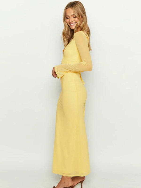 style hollow mesh long sleeves and deep V neck with dress