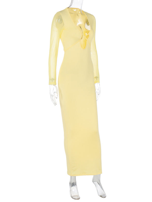 style hollow mesh long sleeves and deep V neck with dress
