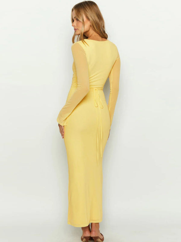 style hollow mesh long sleeves and deep V neck with dress