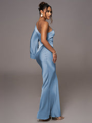 sexy satin stitching one-shoulder sleeves diagonal collar exposed backpack hip dress