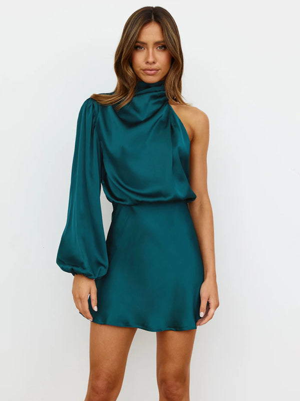 long-sleeved one-shoulder off-shoulder waist dress