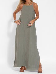 casual cotton and linen slit suspender dress