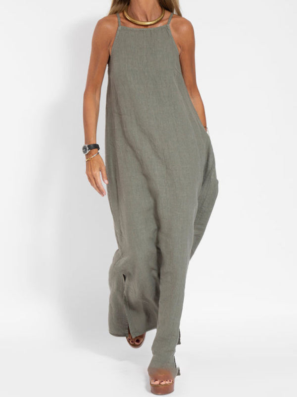 casual cotton and linen slit suspender dress