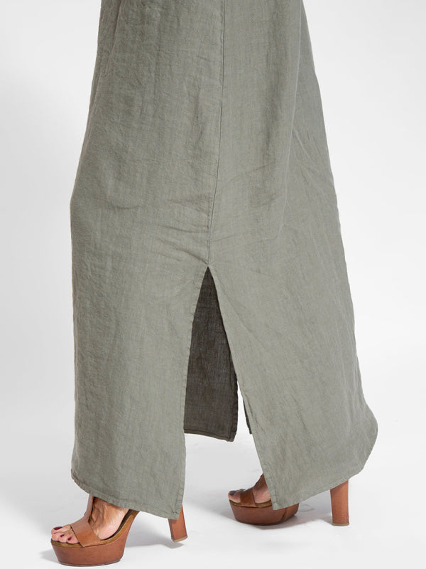 casual cotton and linen slit suspender dress