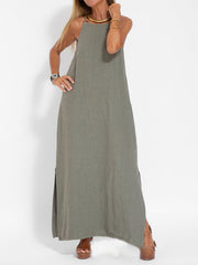 casual cotton and linen slit suspender dress