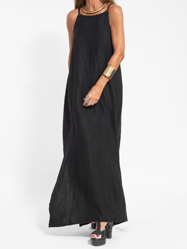 casual cotton and linen slit suspender dress
