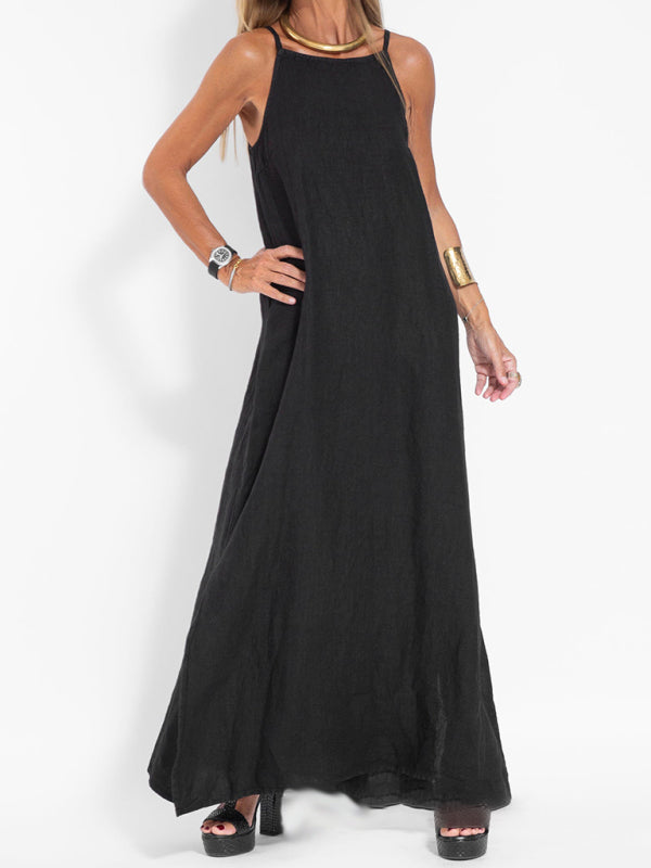 casual cotton and linen slit suspender dress