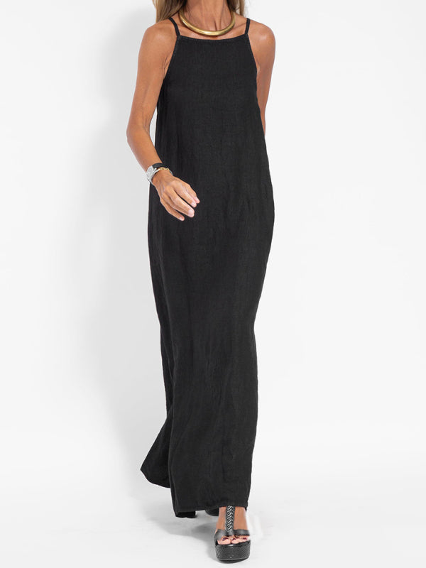 casual cotton and linen slit suspender dress