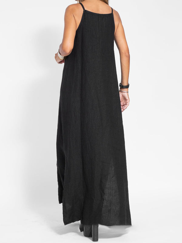 casual cotton and linen slit suspender dress