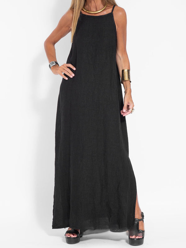 casual cotton and linen slit suspender dress