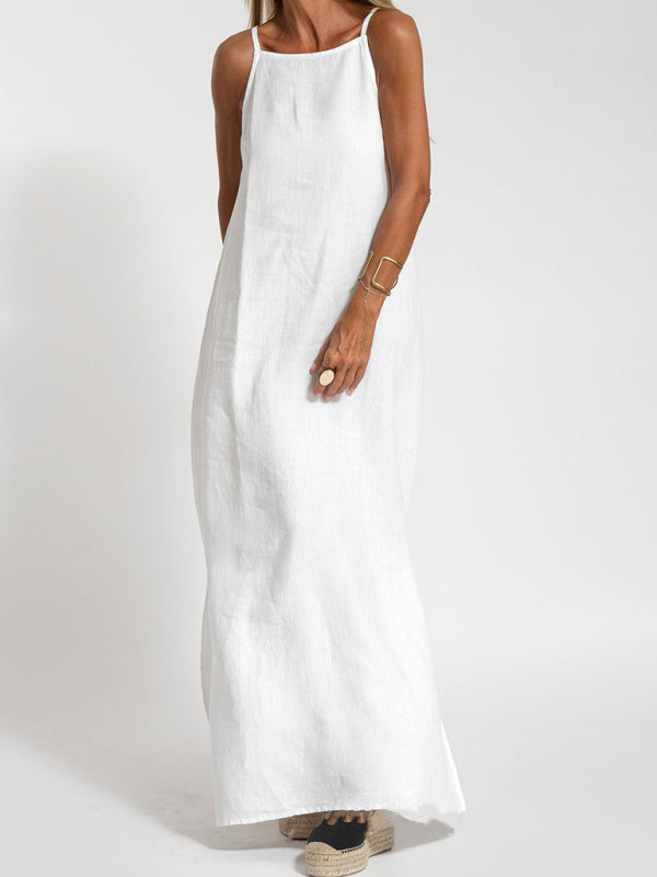 casual cotton and linen slit suspender dress