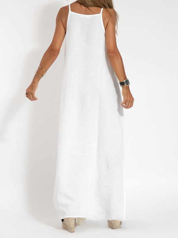 casual cotton and linen slit suspender dress