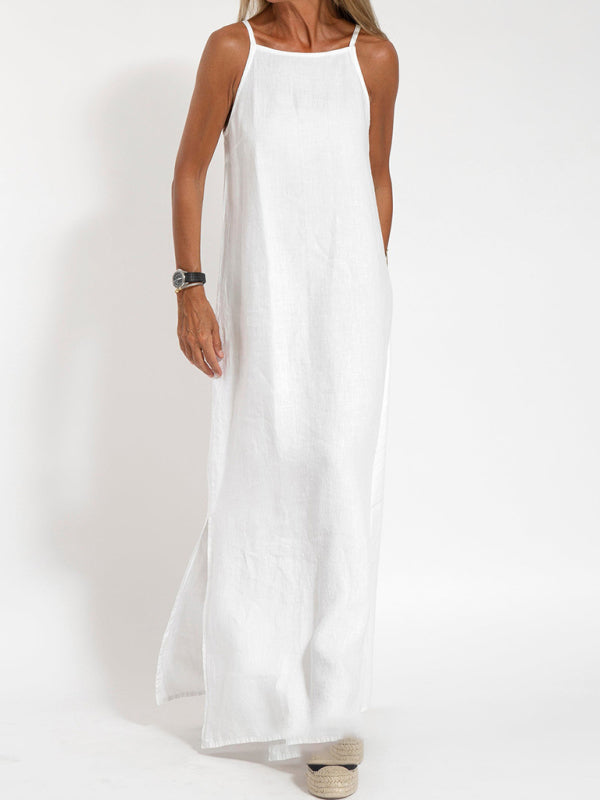 casual cotton and linen slit suspender dress