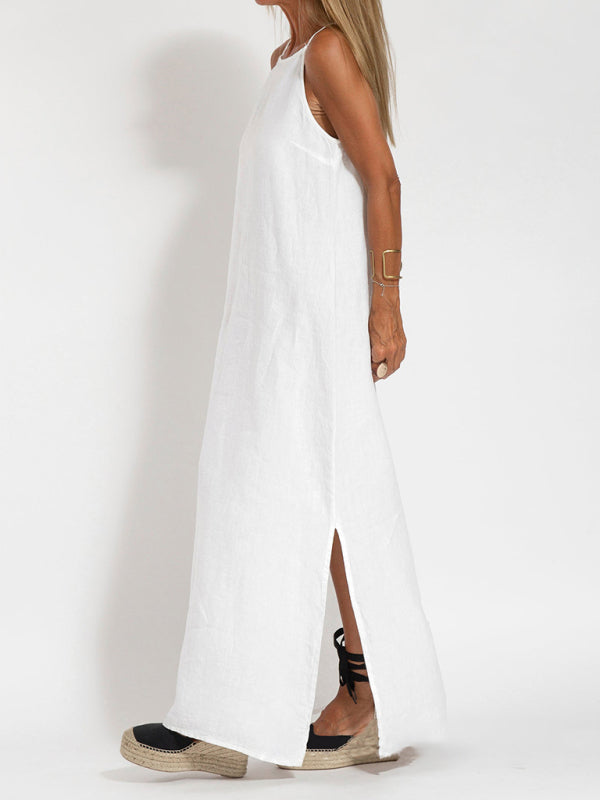 casual cotton and linen slit suspender dress