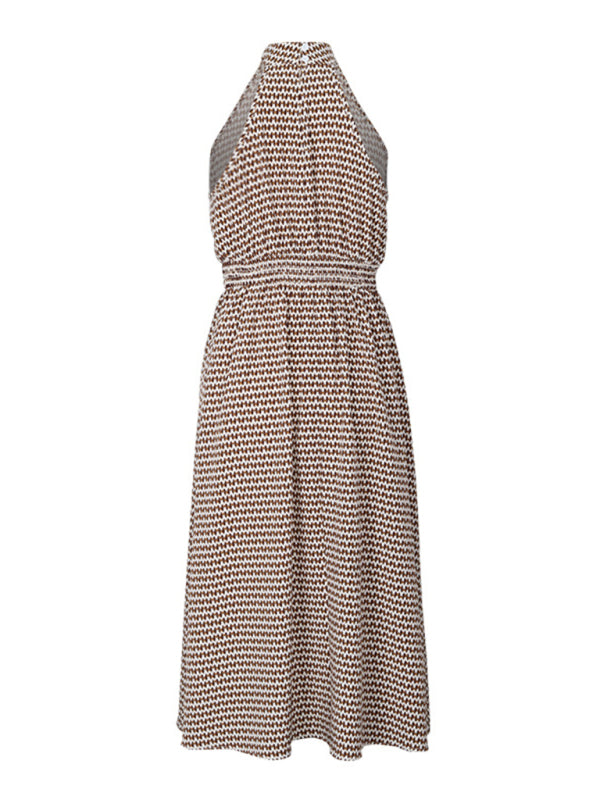 elegant halterneck high-waist corrugated sleeveless A-line dress