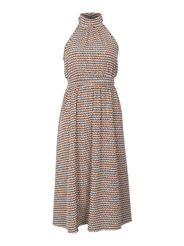 elegant halterneck high-waist corrugated sleeveless A-line dress