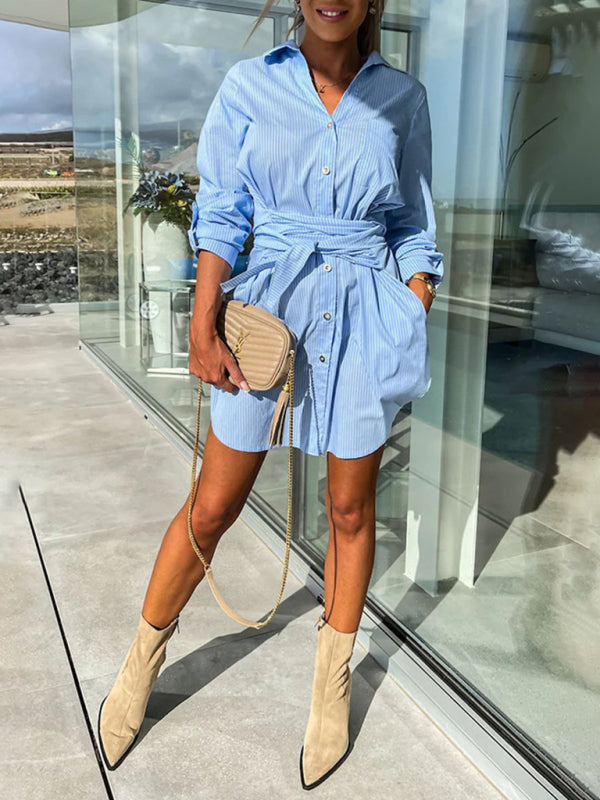 lace-up cardigan multi-color roll-sleeve shirt dress