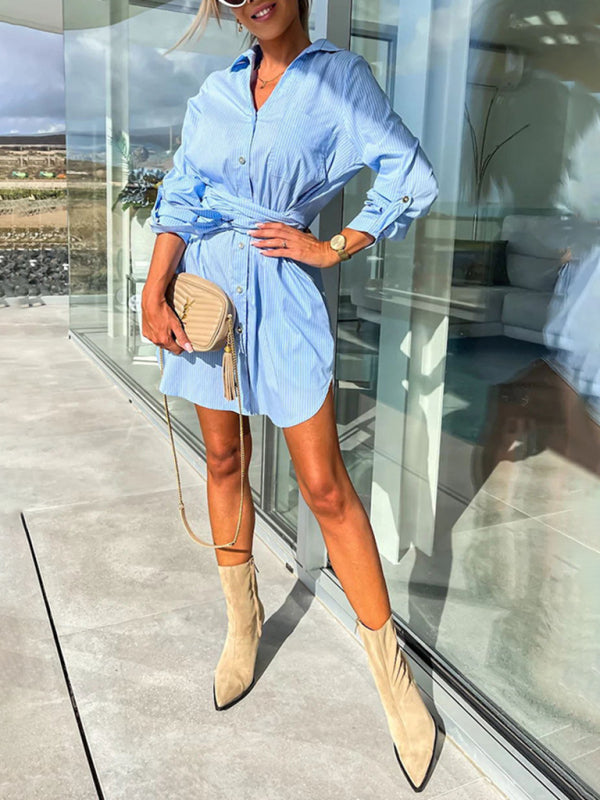 lace-up cardigan multi-color roll-sleeve shirt dress