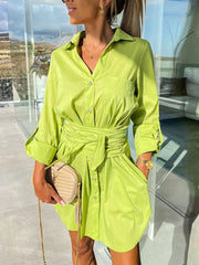 lace-up cardigan multi-color roll-sleeve shirt dress