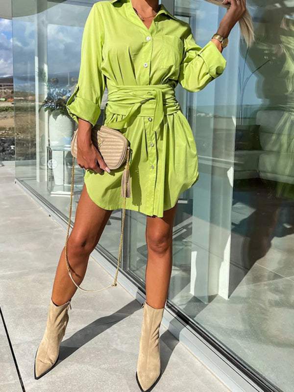 lace-up cardigan multi-color roll-sleeve shirt dress