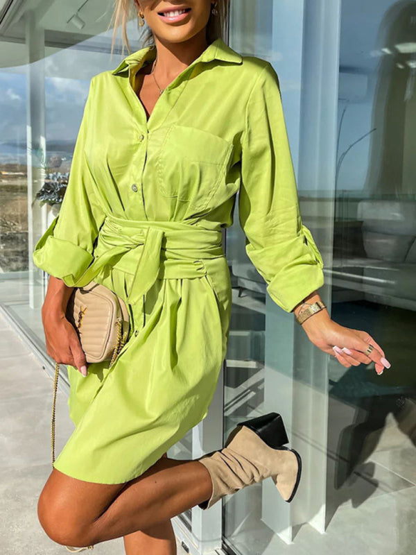 lace-up cardigan multi-color roll-sleeve shirt dress