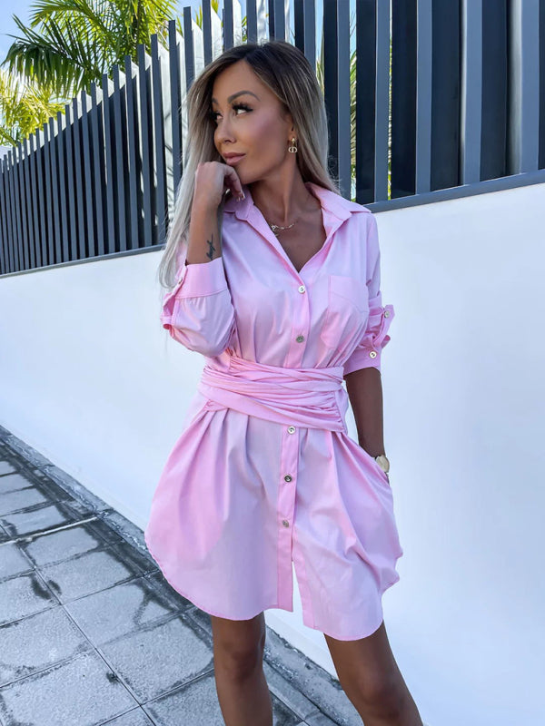 lace-up cardigan multi-color roll-sleeve shirt dress