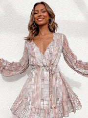 striped printed V-neck waist sweet long-sleeved short dress