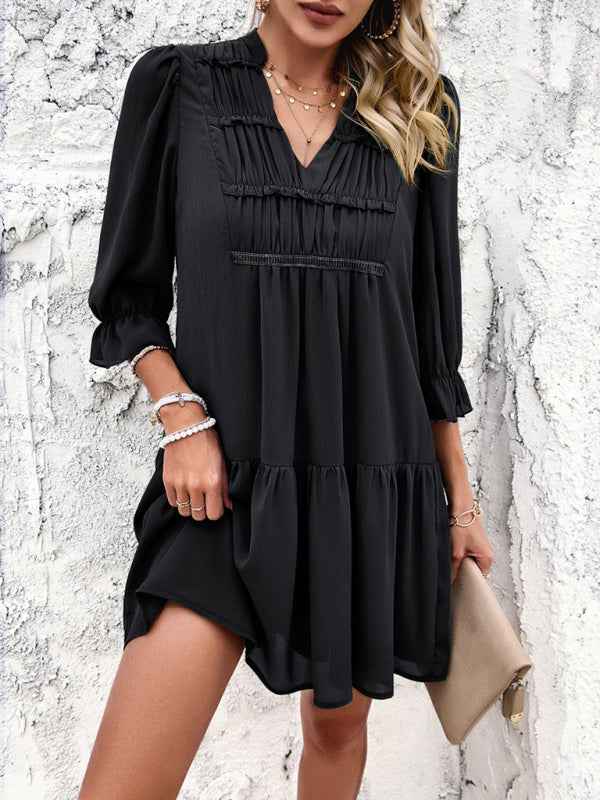 solid color casual V-neck mid-sleeve dress