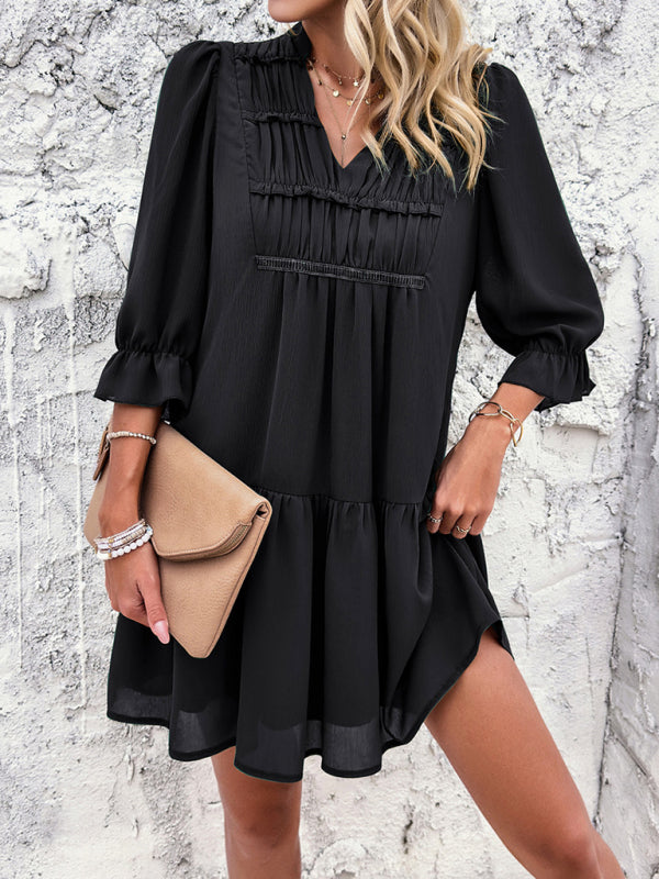 solid color casual V-neck mid-sleeve dress