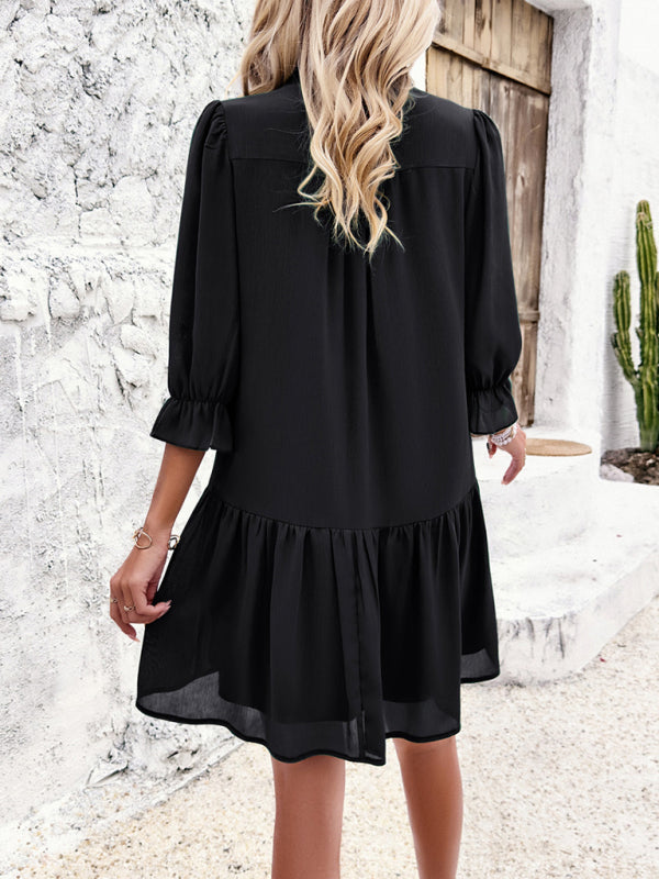 solid color casual V-neck mid-sleeve dress