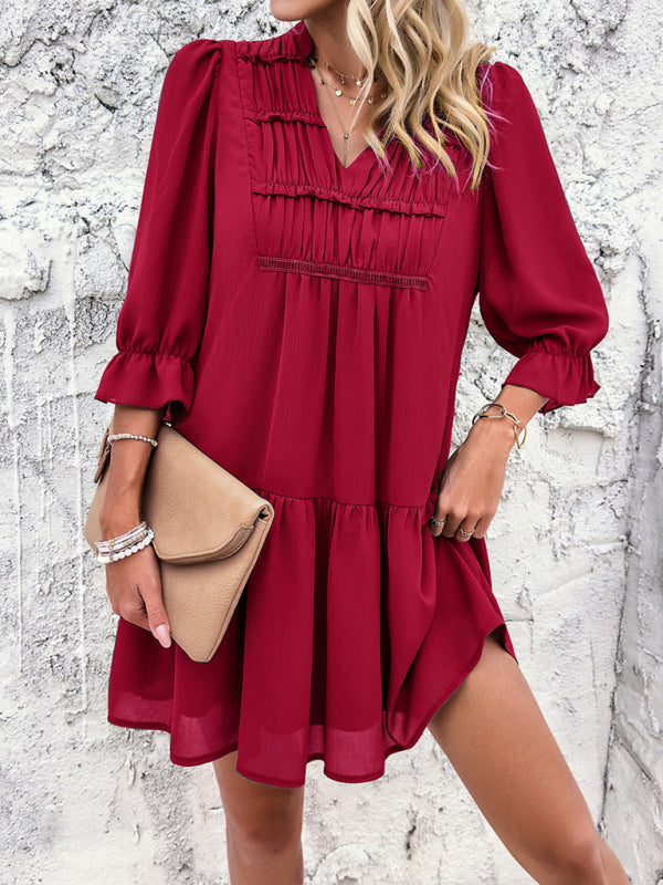 solid color casual V-neck mid-sleeve dress