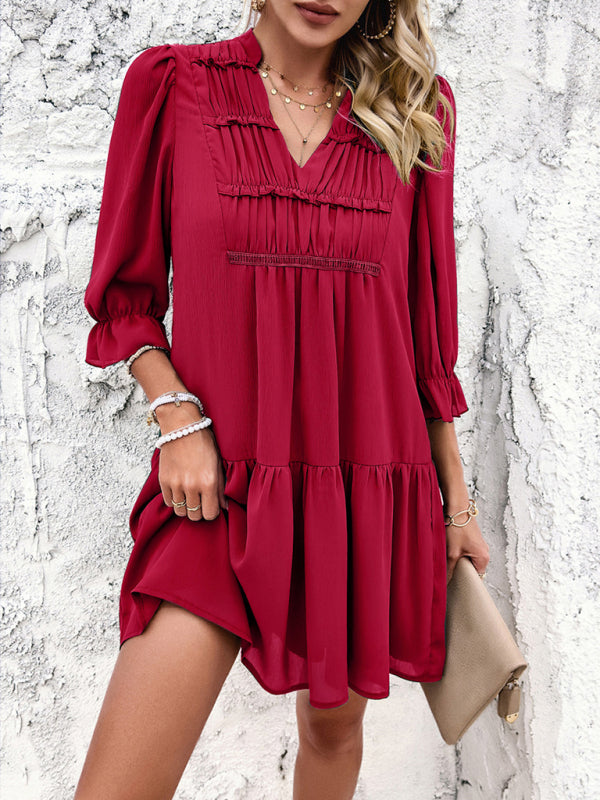 solid color casual V-neck mid-sleeve dress