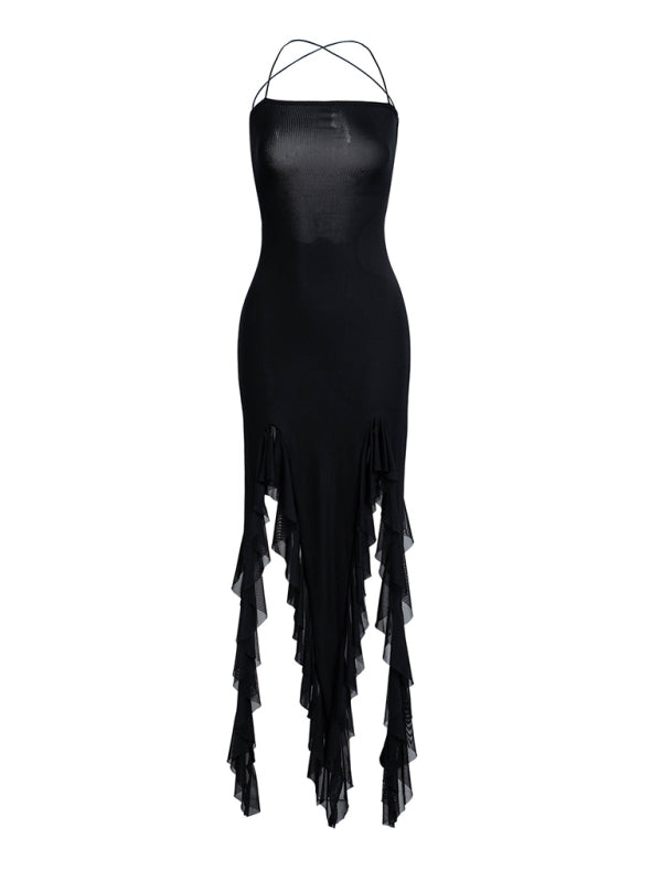 ruffled sexy solid color slim dress