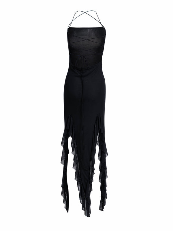 ruffled sexy solid color slim dress
