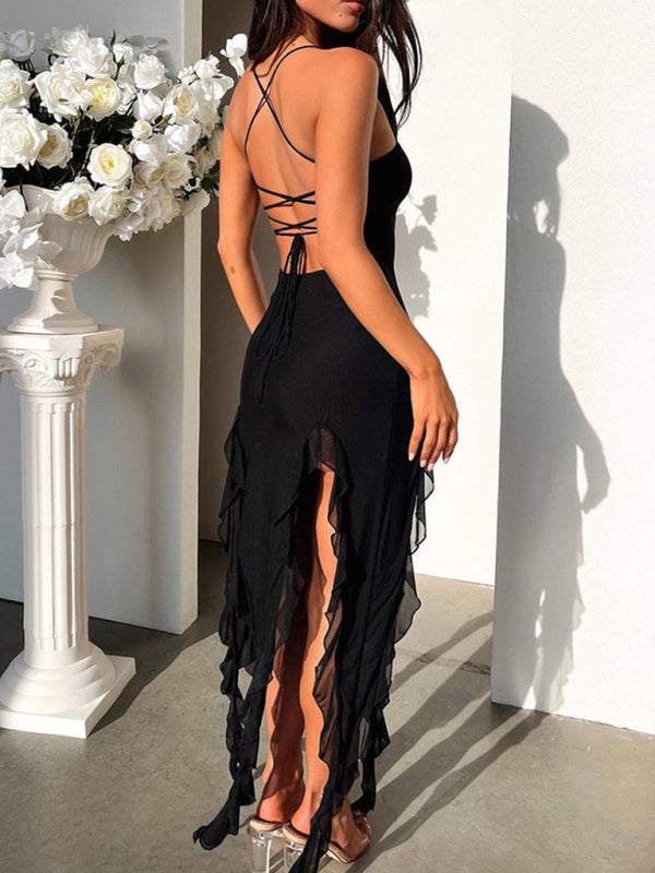 ruffled sexy solid color slim dress