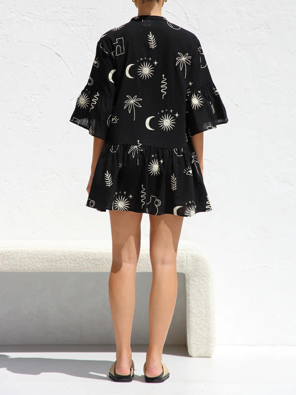 comfortable and simple trumpet sleeve ethnic style loose shirt short dress