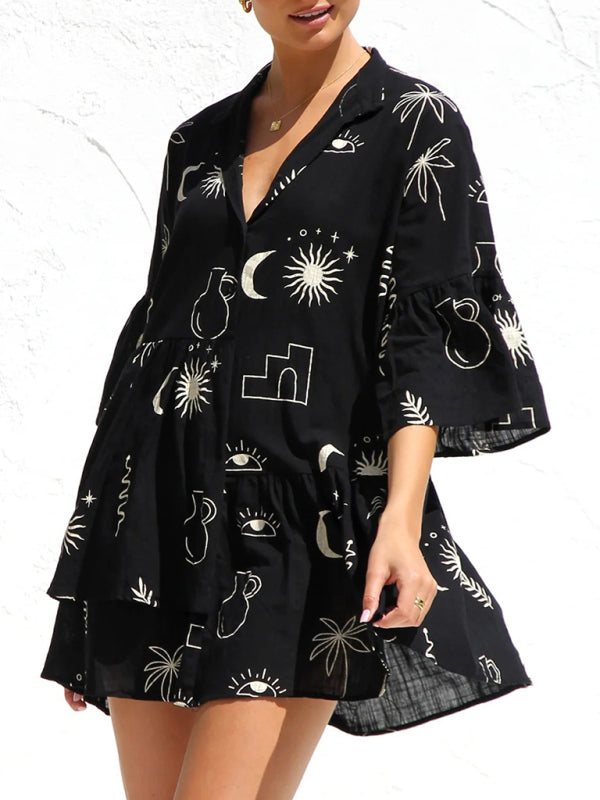 comfortable and simple trumpet sleeve ethnic style loose shirt short dress