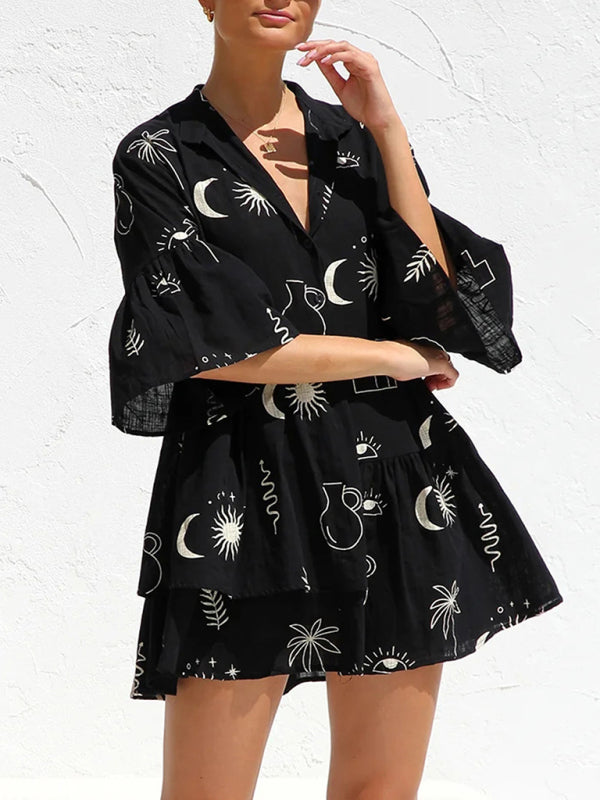 comfortable and simple trumpet sleeve ethnic style loose shirt short dress