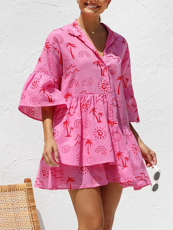comfortable and simple trumpet sleeve ethnic style loose shirt short dress