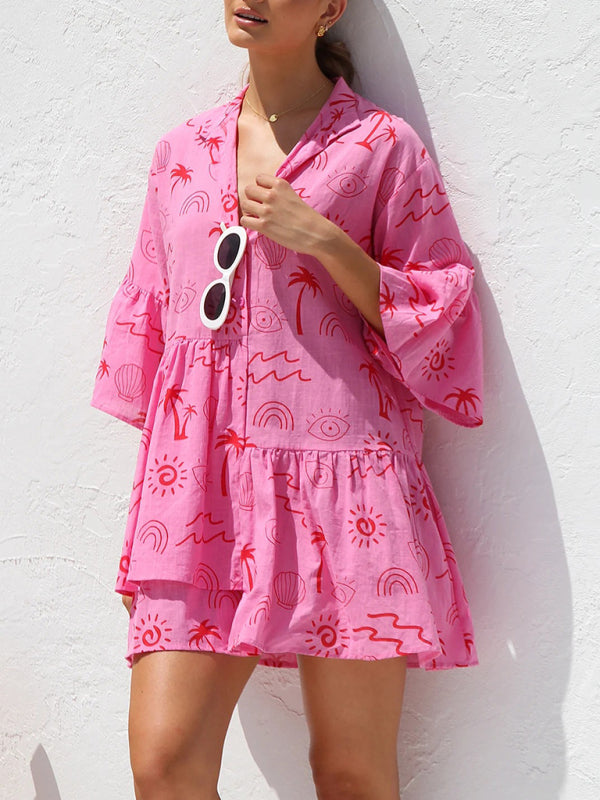 comfortable and simple trumpet sleeve ethnic style loose shirt short dress