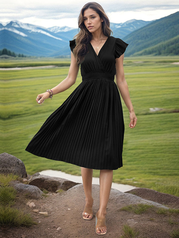 style simple temperament V-neck high-waisted pleated dress